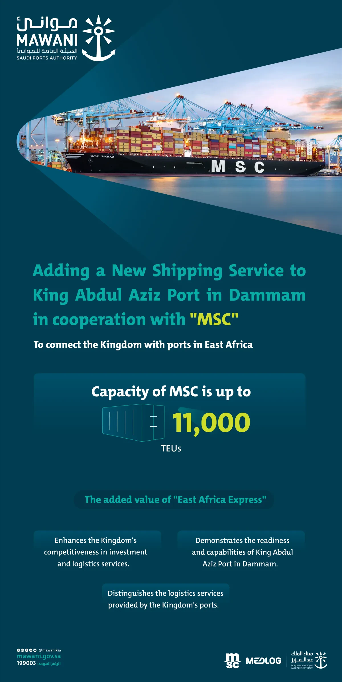 “Mawani”: Adding the Shipping Service “East Africa Express” to King Abdul Aziz Port in Dammam to Link the Kingdom to East African Ports