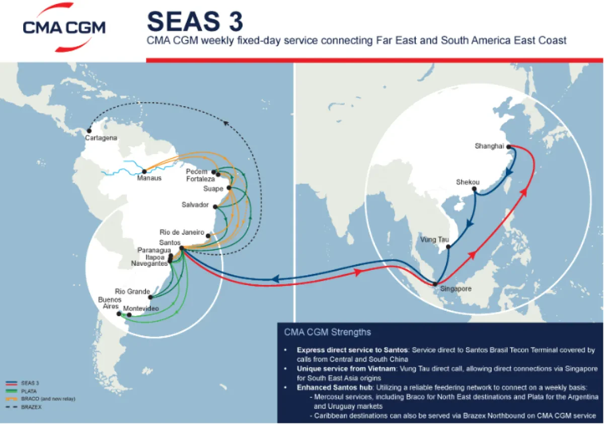 CMA CGM introduces SEAS 3, connecting the Far East to South America East Coast