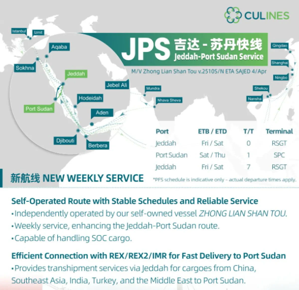 CULines Launches Red Sea Feeder Service JPS to Strengthen Regional Transhipment